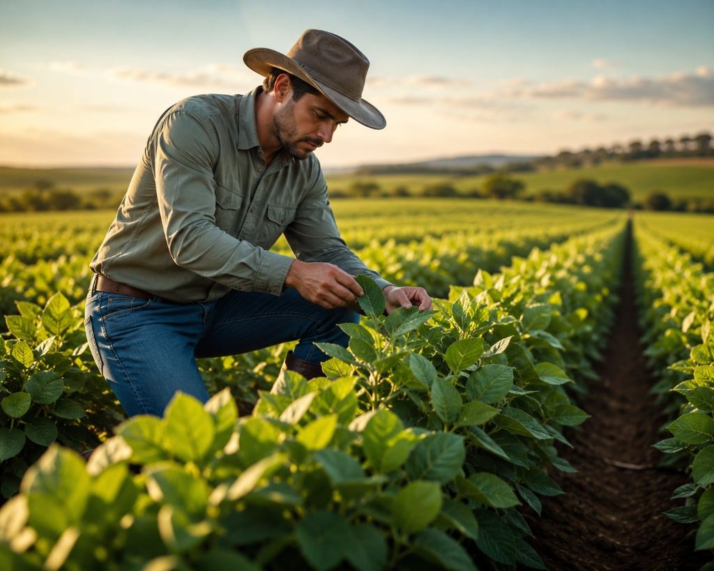 Produtor rural analisando lavoura após aplicação de Nano Ureia FAISCA