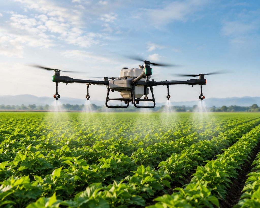 Drone agrícola pulverizando lavoura com fertilizante foliar Nano Ureia FAISCA