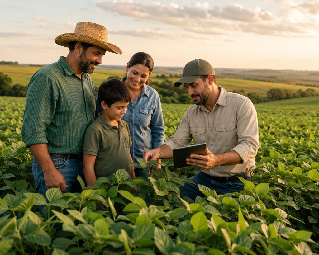 Família rural com consultor agrícola avaliando resultado da Nano Ureia FAISCA no campo