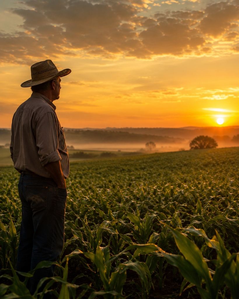 Produtor rural observando lavoura ao amanhecer com Nano Ureia FAISCA
