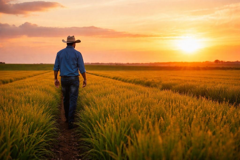 Produtor caminhando no campo ao pôr do sol